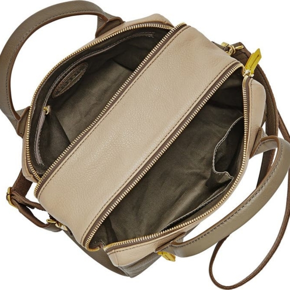 FOSSIL Erin Colourblocked Satchel Leather Khaki Beige Double Zip Carry Bag - Picture 2 of 15